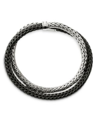 Sterling Silver Icon Black Leather Braid Double Wrap Bracelet