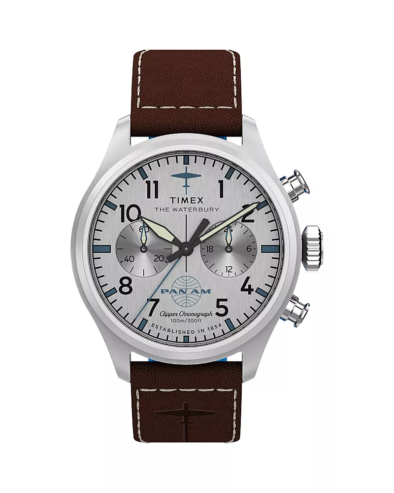 Timex x Pan Am Waterbury Ace Chronograph Leather Strap Watch, 41mm