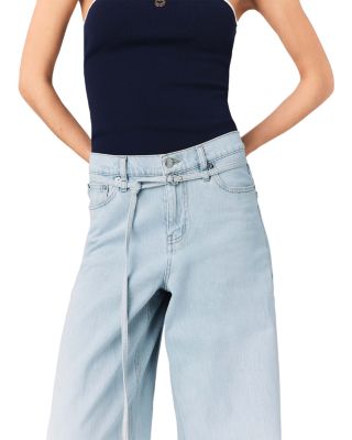 High Rise Wide Leg Rhinestone Jeans in Blue Sky