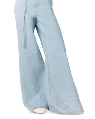 High Rise Wide Leg Rhinestone Jeans in Blue Sky