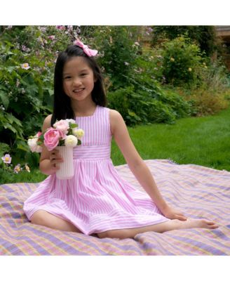  Girls' Pastel Oxford Pleated Stripe Dress - Little Kid, Big Kid