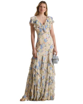 Floral Ruffle Trim Georgette Gown