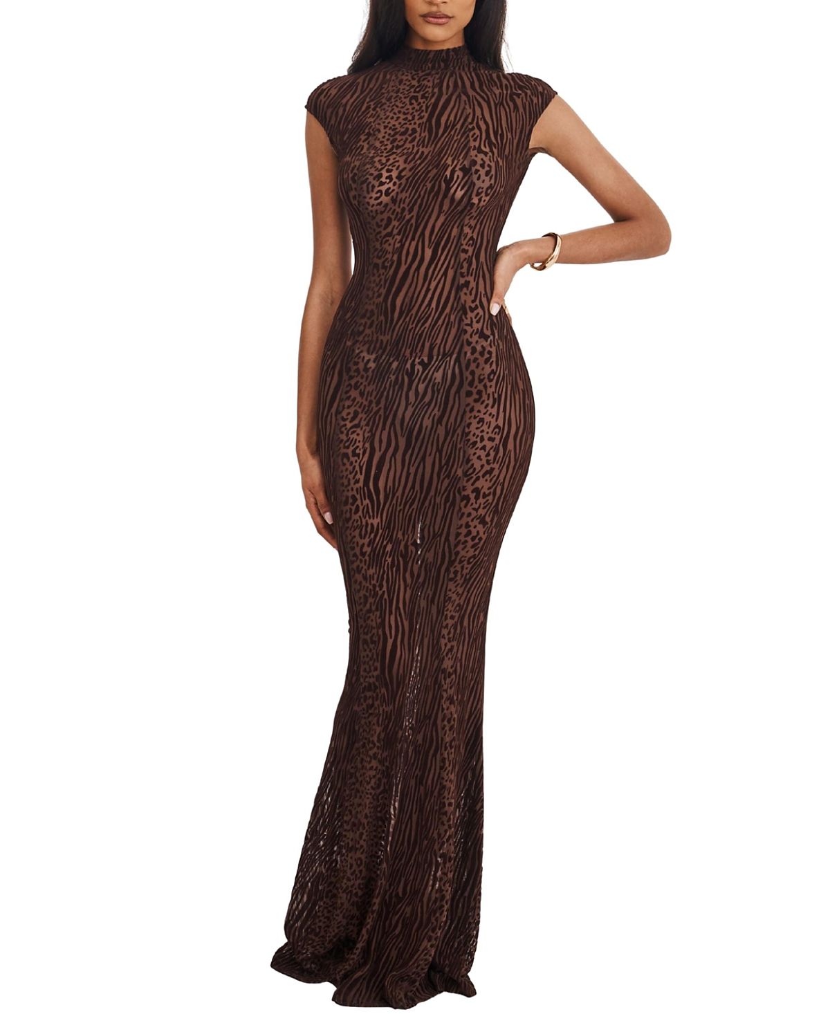 Miss Circle Tyanna Burnout Velvet Mesh Backless Mermaid Maxi Dress