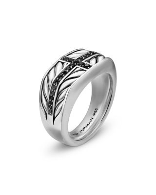 Men's Chevron Three Sided Signet Ring in Sterling Silver with Black Diamonds, 12.5mm