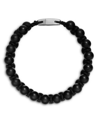 Men's Spiritual Beads Two Row Woven Bracelet Collection with Black Onyx, Black Nylon and Sterling Silver, 8mm