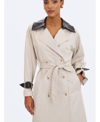  Umber Double-Breasted Faux Leather Lapel Trench Coat