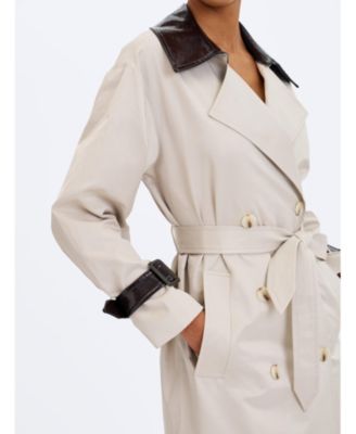  Umber Double-Breasted Faux Leather Lapel Trench Coat