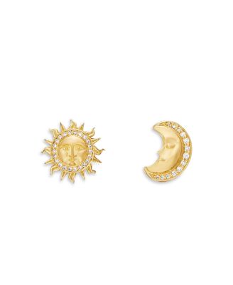 18K Yellow Gold Celestial Diamond Sun & Moon Mismatch Stud Earrings