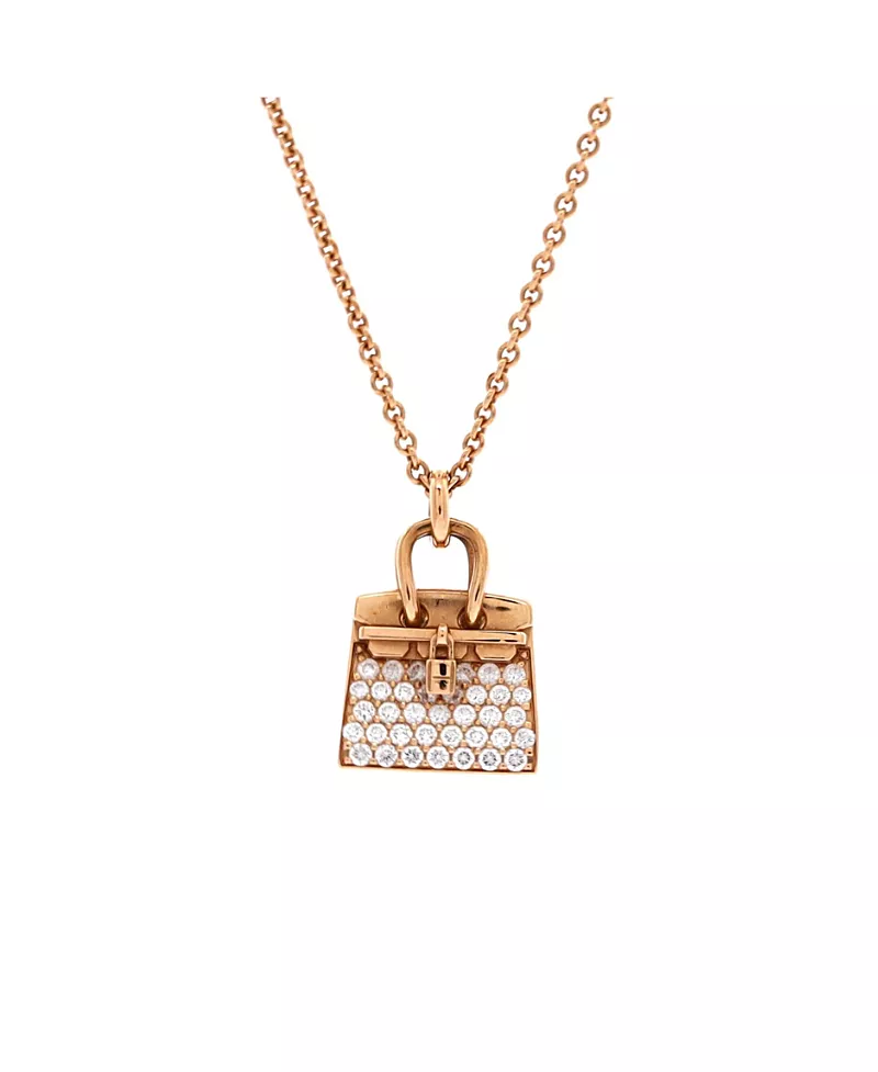 Pre-Owned HERMES Birkin Amulette Nm Pendant Necklace 18K Rose Gold and Diamonds, 15.75