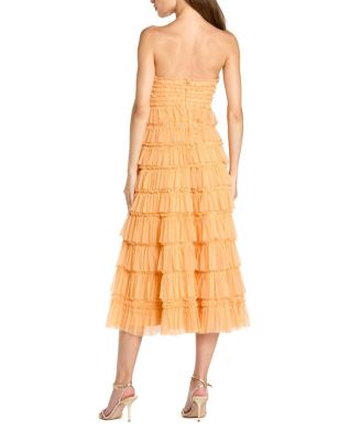  Solid Mesh Dot Micro Ruffle Strapless Midi Dress