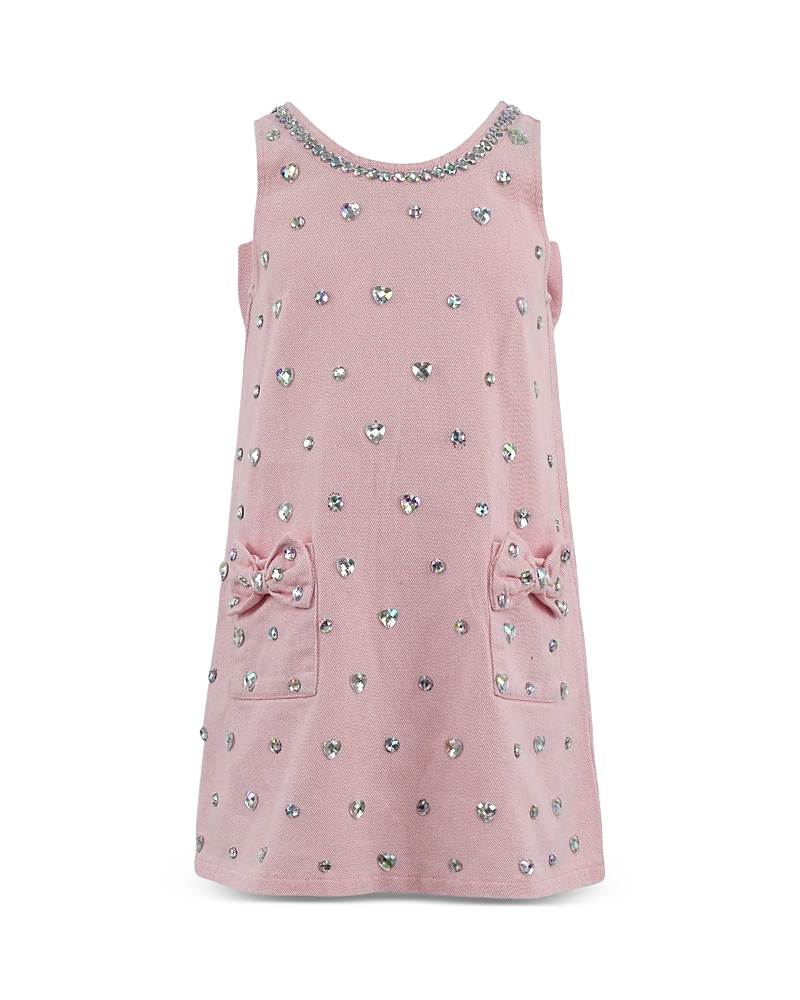 Lola + The Boys Girls' Crystal Heart Denim Bow Dress - Little Kid and Big Kid