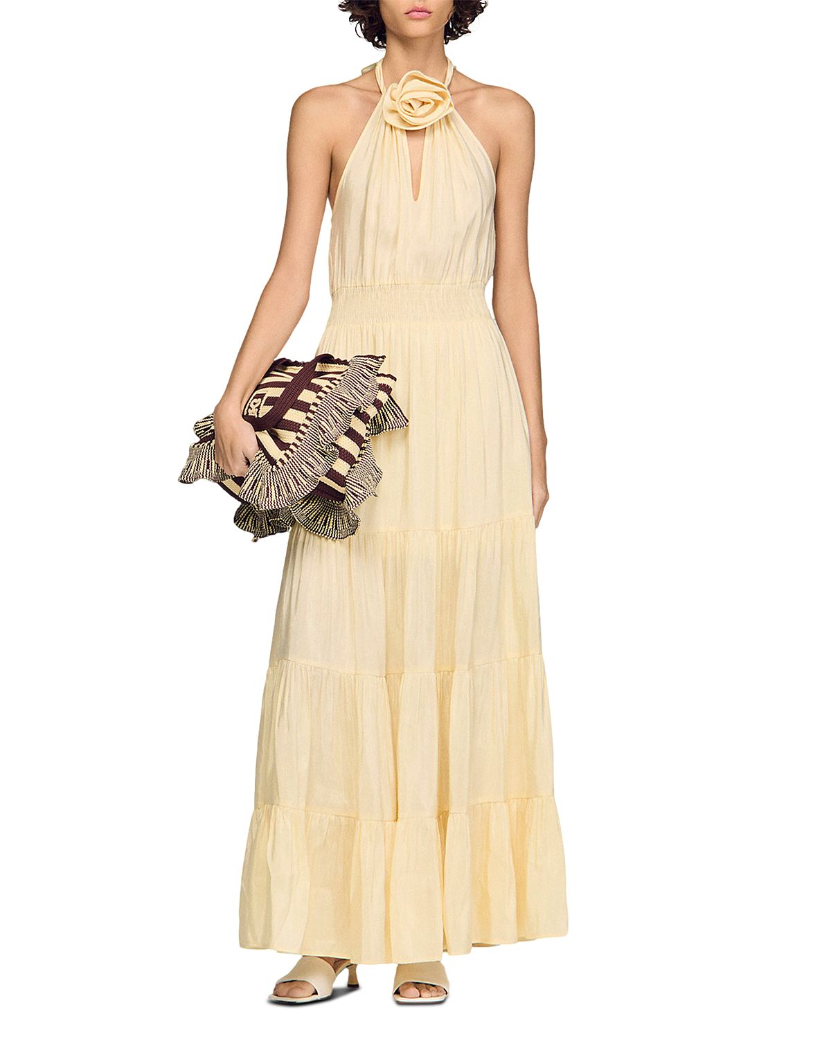Sandro Floral Detail Linen Blend Maxi Dress