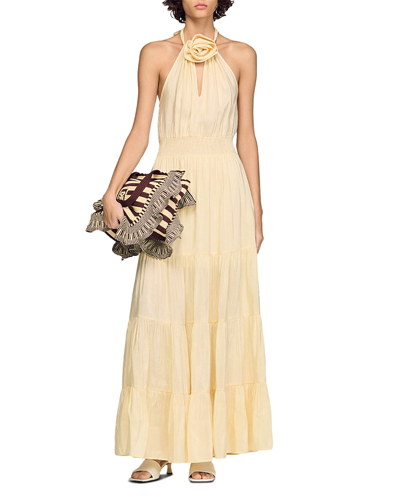 Sandro Floral Detail Linen Blend Maxi Dress