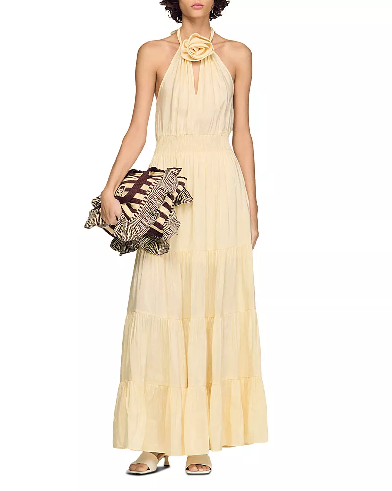 Sandro Floral Detail Linen Blend Maxi Dress