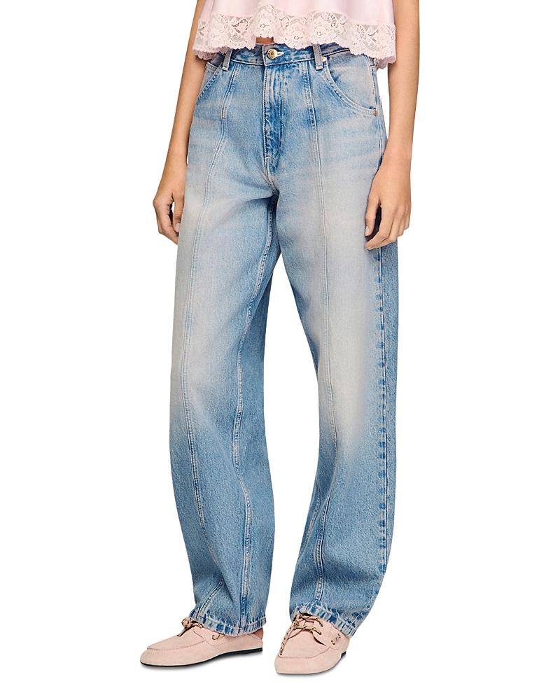 Sandro High Rise Faded Barrel Jeans in Blue Jean