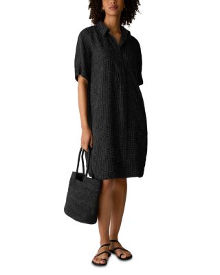 Puckered Linen Grid Classic Collar Dress
