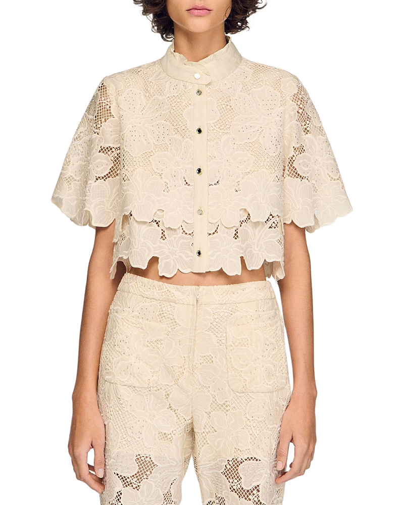 Sandro Ame Cropped Floral Guipure Lace Shirt