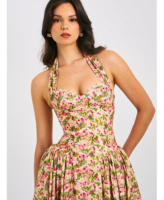  Niya Floral Print Linen Halter Corset Maxi Dress