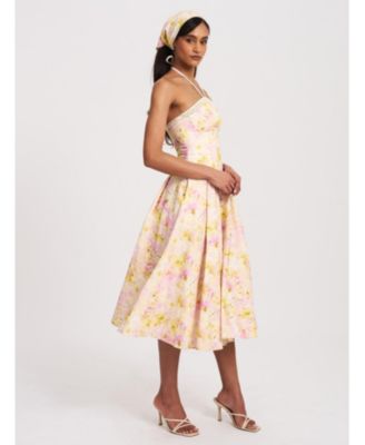  Zaina Floral Print Lace Trim Linen Midi Dress