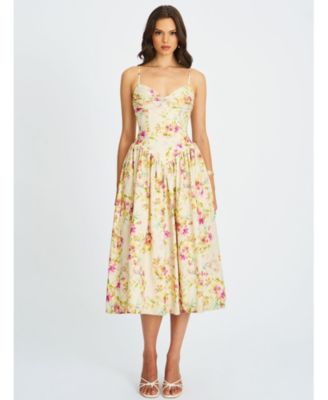  Jacinde Drop Waist Floral Print Linen Midi Dress