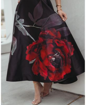  Crepe Printed Strapless Midi Dress With Pockets