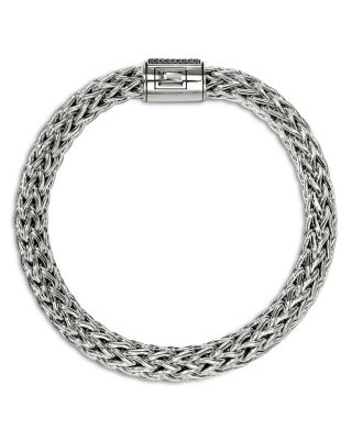 Sterling Silver Icon Black Sapphire Pav&eacute; Clasp Woven Link Bracelet, 10.5mm