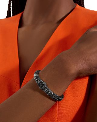 Dark Silver Icon Black Sapphire Pav&eacute; Clasp Woven Link Bracelet, 10.5mm