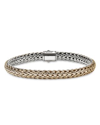 14K Yellow Bonded Gold & Silver Icon Diamond Clasp Reversible Woven Bracelet, 6.5mm