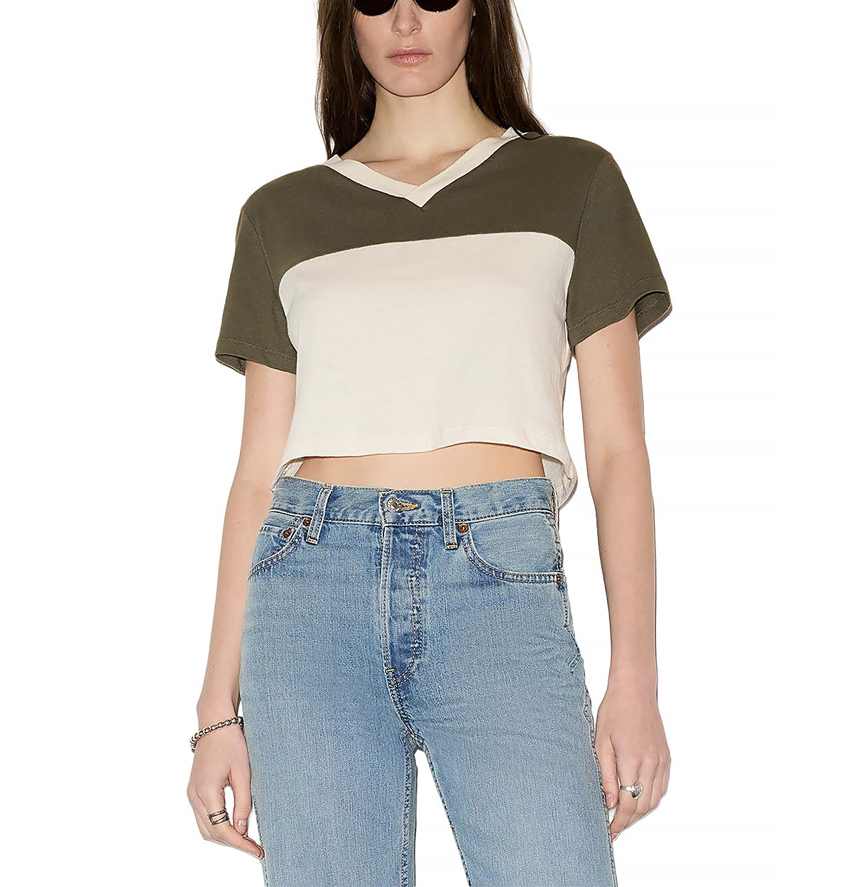 Re/Done V Neck Contrast Jersey Tee