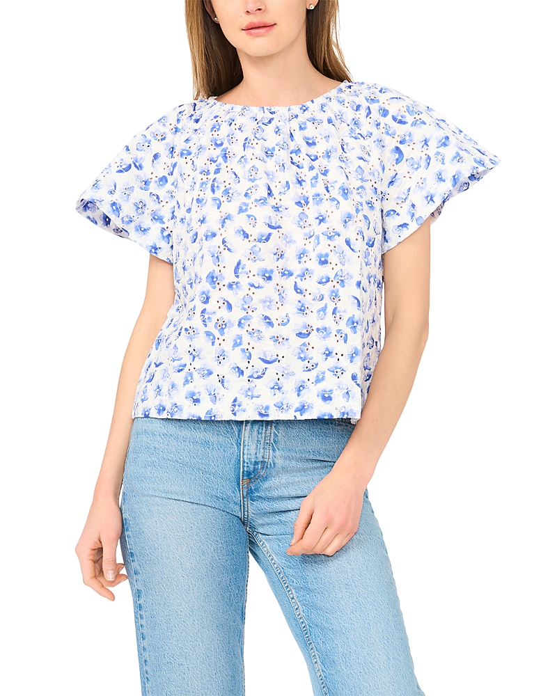 Cece Printed Eyelet Short Sleeve Top