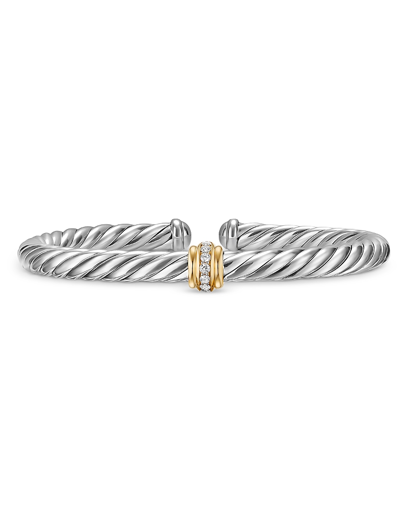 David Yurman Cable Flex Center Station Bracelet in Sterling Silver with 14K Yellow Gold and Diamonds, 6mm