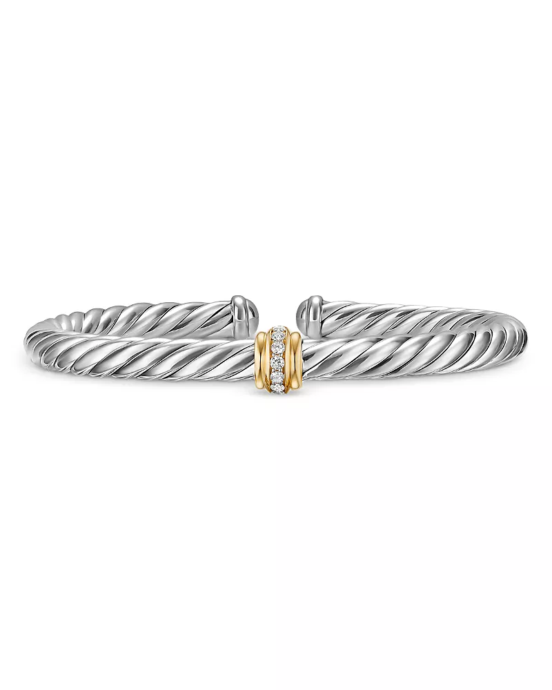 David Yurman Cable Flex Center Station Bracelet in Sterling Silver with 14K Yellow Gold and Diamonds, 6mm