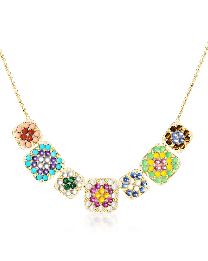 Harwell Godfrey 18K Yellow Gold 1975 Multi Gemstone & Diamond Granny Squares Geraldine Pendant Necklace, 16