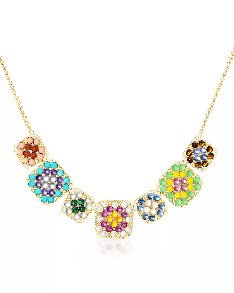 Harwell Godfrey 18K Yellow Gold 1975 Multi Gemstone & Diamond Granny Squares Geraldine Pendant Necklace, 16