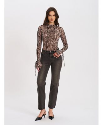  Ibera Animal Print Burnout Velvet Long Sleeve Bodysuit