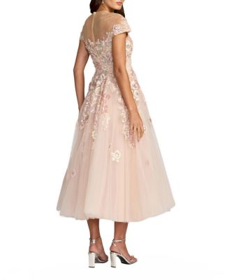 Embroidered Tulle Illusion Neck Cap Sleeve Dress