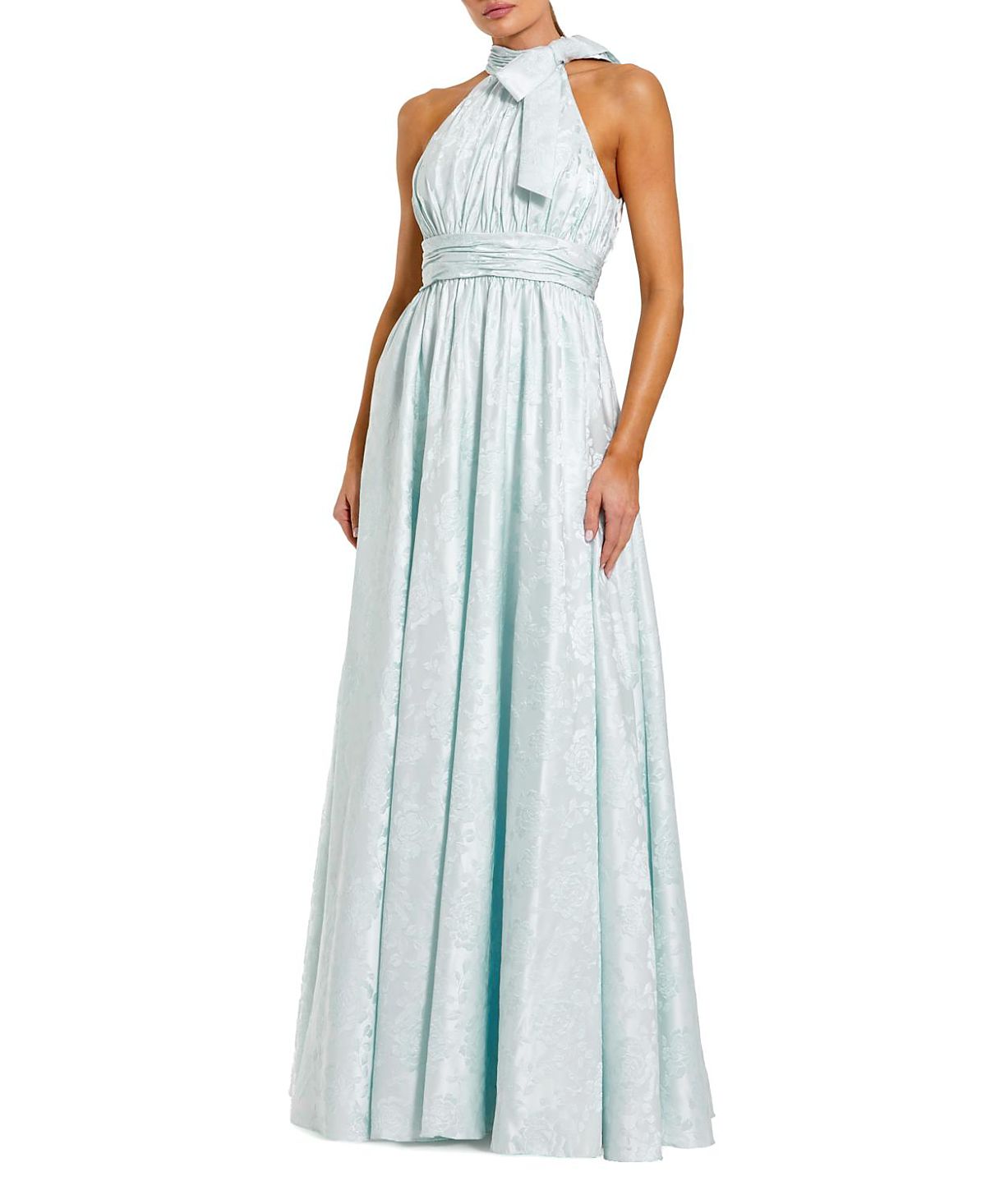 Mac Duggal Sleeveless Halter Neck Brocade Gown With Bow Detail