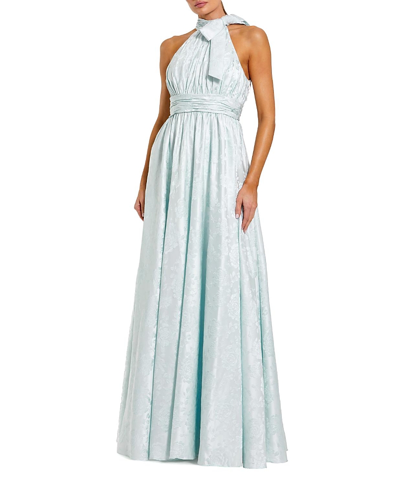 Mac Duggal Sleeveless Halter Neck Brocade Gown With Bow Detail