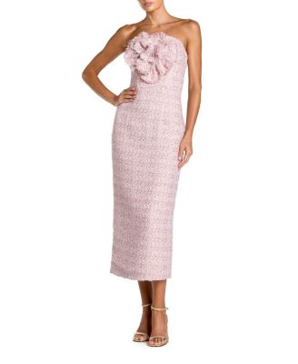 Boucle Strapless Midi Dress With 3D Flower