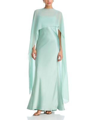 Aqua. Long Satin Dress with Chiffon Overlay - Exclusive