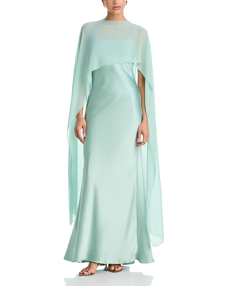 Aqua. Long Satin Dress with Chiffon Overlay - Exclusive