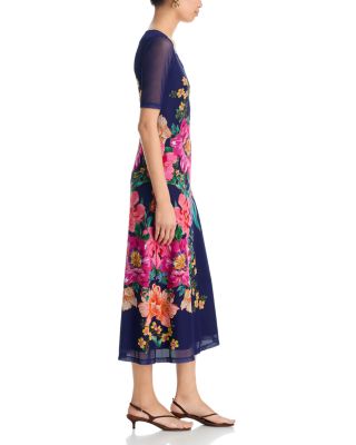 Elbow Sleeve V Neck Mesh Midi Dress