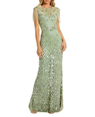 Petite Beaded Fringe High-Neck Fitted Evening Gown