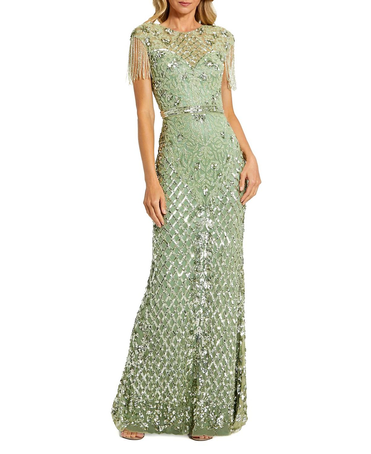 Mac Duggal Petite Beaded Fringe High-Neck Fitted Evening Gown