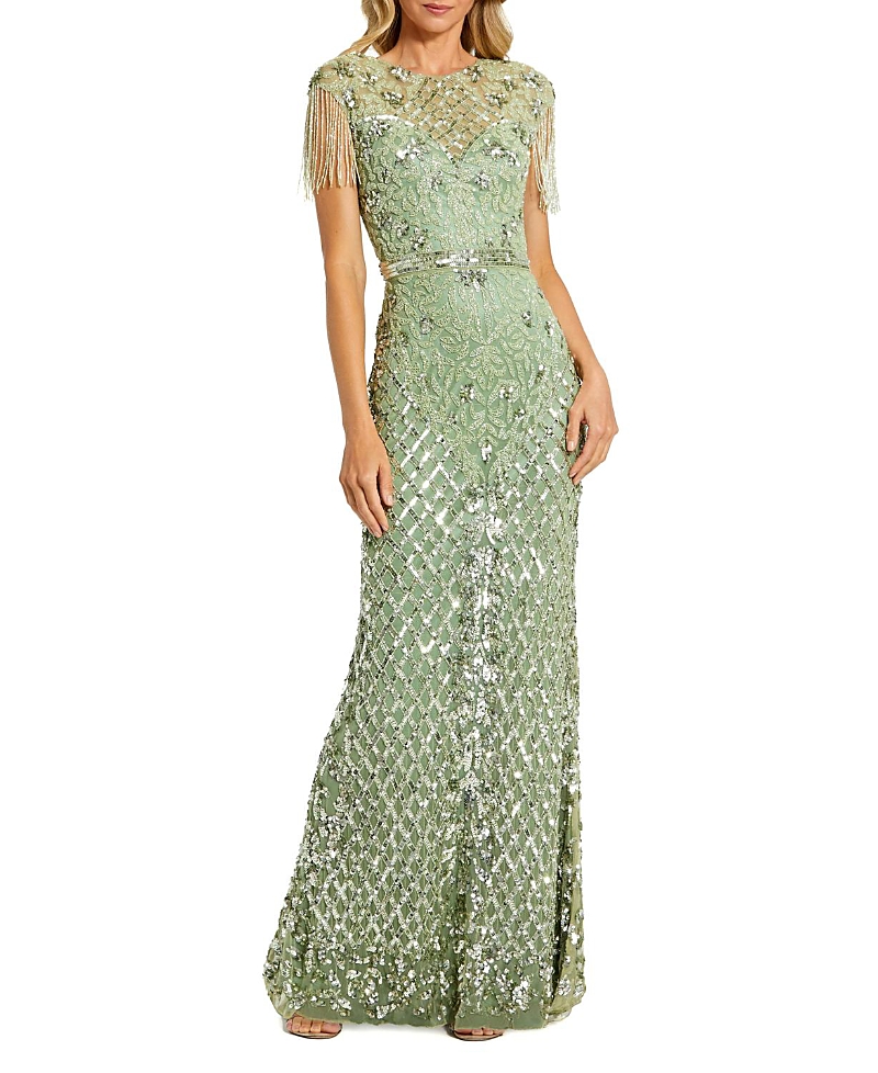 Mac Duggal Petite Beaded Fringe High-Neck Fitted Evening Gown