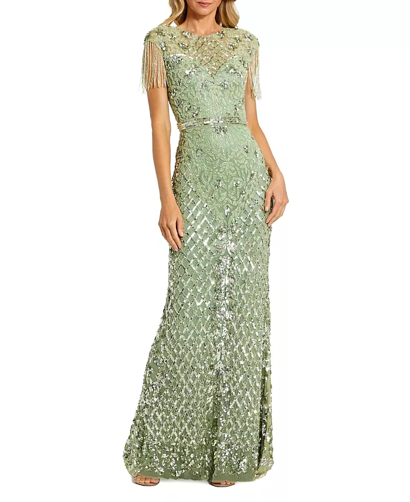 Mac Duggal Petite Beaded Fringe High-Neck Fitted Evening Gown