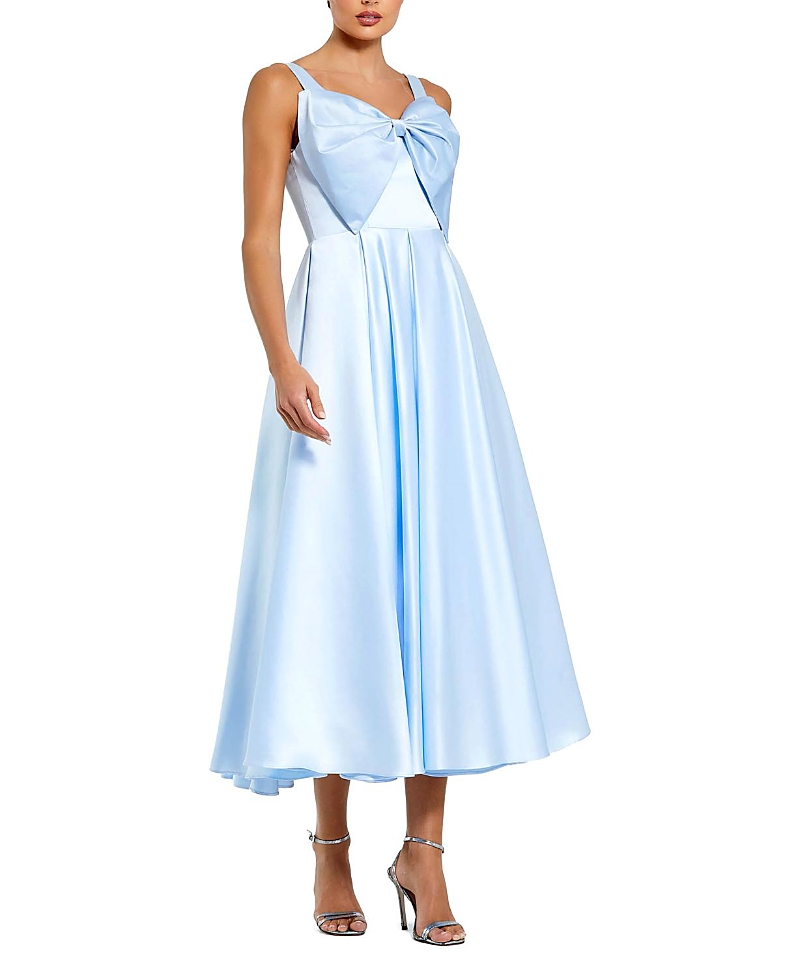 Mac Duggal Sleeveless Satin Midi Dress with Bow Detail