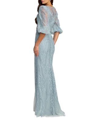  Embroidered Beaded Boat Neck Gown with Illusion Puff Sleeves