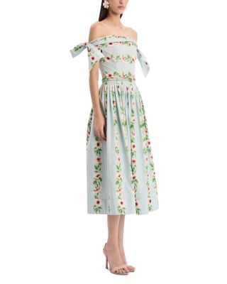 Off Shoulder Hibiscus Stripes Poplin Day Dress