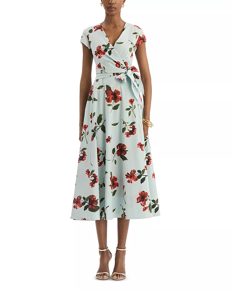 Oscar de la Renta Cap Sleeve Hibiscus Cotton Poplin Wrap Dress